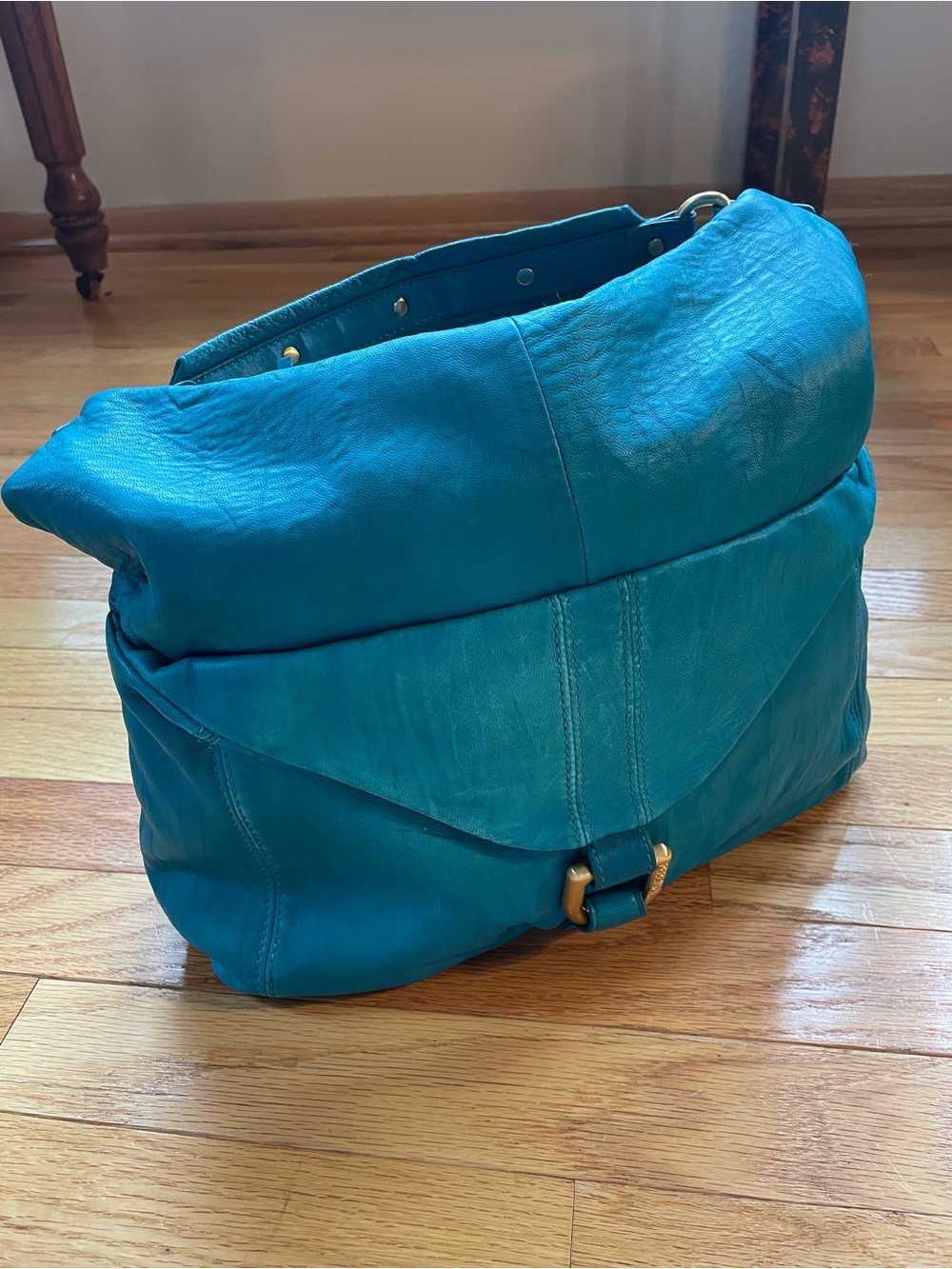 Perlina Teal/Turquoise Leather Hobo Bag with Gold-Tone Accent
